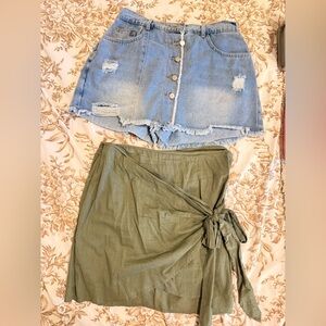 SHEIN Light Blue Distressed Denim Mini Skort & Olive Green Wrap Skirt Set